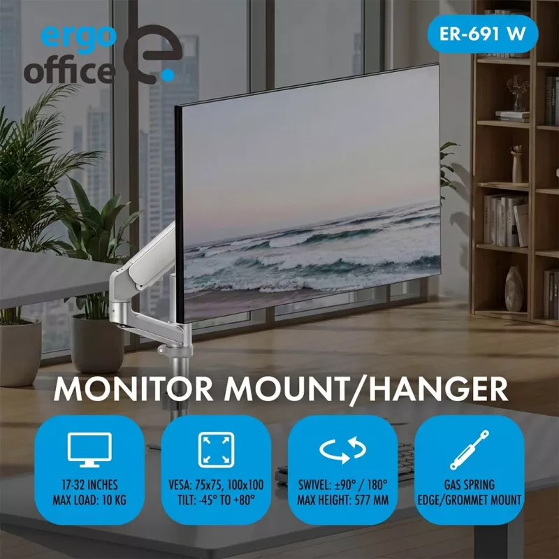 ERGO OFFICE ER-691 W uchwyt gazowy do monitorów 17-32 cale do 10 kg, matowy biały