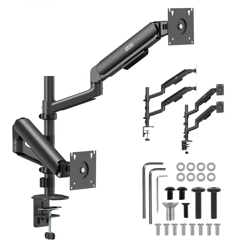 ERGO OFFICE ER-692 B Podwójny uchwyt monitorowy na biurko, ramię gazowe, pasuje do 17-32 inch, 1-10 kg na ramię, czarny matowy