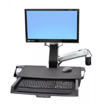 Ergotron 45-260-026 Zestaw montażowy do szyny, regulowany uchwyt monitora z półką na klawiaturę, wysuwaną tacką na mysz, podpórką pod nadgarstek i uchwytem na czytnik kodów kreskowych, pasuje do monitorów do 24 cali, VESA 75/100mm, polerowane aluminium