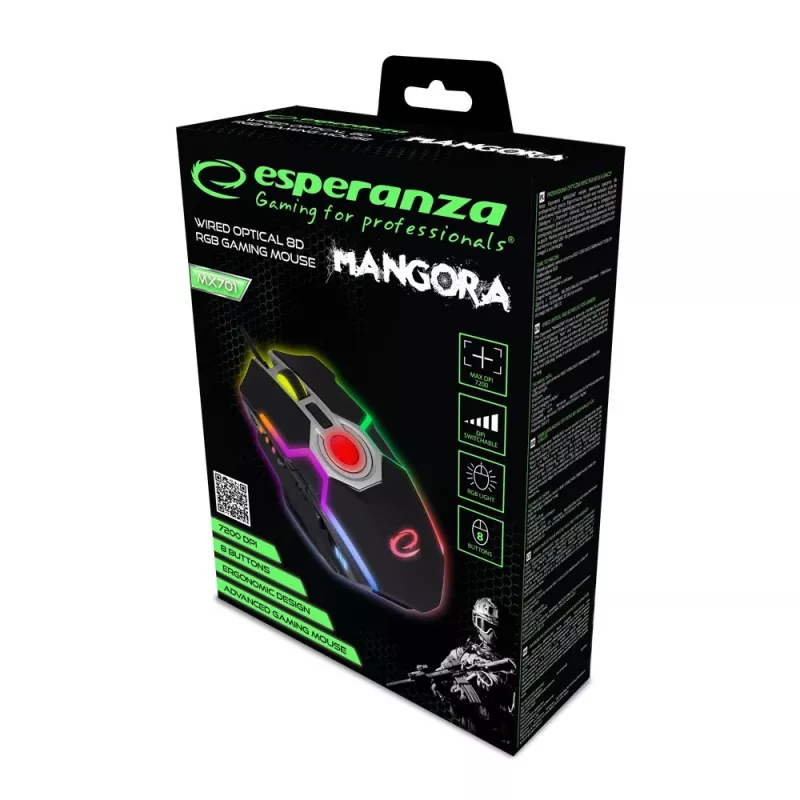 Esperanza EGM701 Mangora 8D Przewodowa Mysz Gamingowa, Podświetlenie RGB, 7200 DPI, Sensor Optyczny, 6 Przycisków, Pleciony Kabel, Praworęczna, Czarna