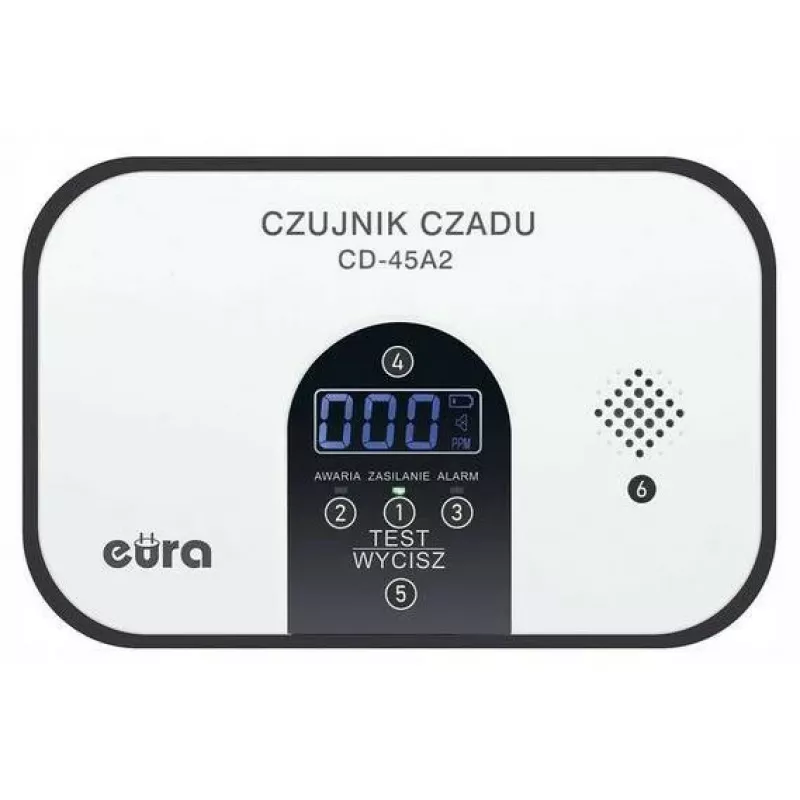 EURA CD-45A2 Wolnostojący Czujnik Tlenku Węgla, Zasilany Bateryjnie, Wyświetlacz LCD