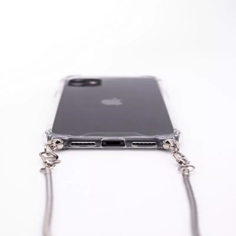 Evelatus Apple iPhone 11 Pro Max Silikonowy Przezroczysty z Naszyjnikiem TPU Pasek Srebrny