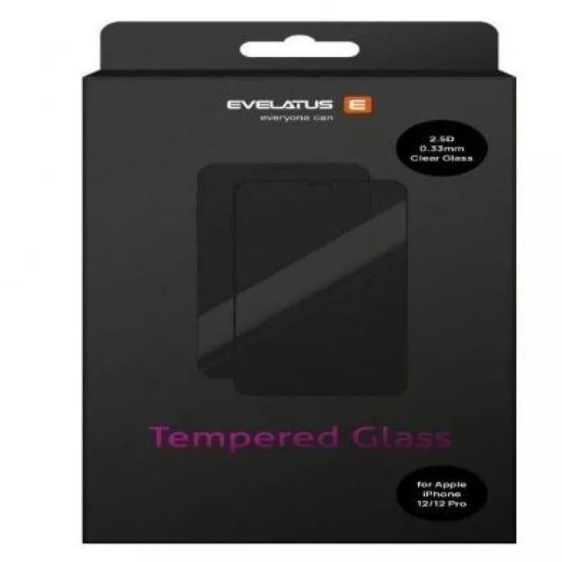 Evelatus Apple iPhone 12/12 Pro 0,33 mm płaski, przezroczysty, hartowany szklany ekran ochronny z japońskim klejem, antystatyczny