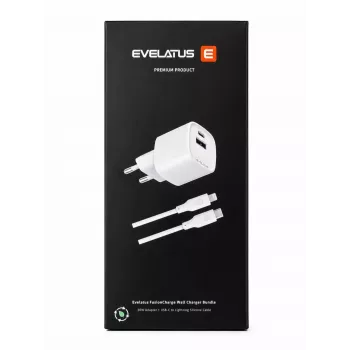 Evelatus FusionCharge Zestaw ładowarki ściennej 20W z kablem USB-C do Lightning 60W silikonowym, biały