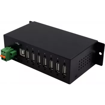 EXSYS EX-1179HMVS 7-portowy przemysłowy metalowy hub USB 2.0 z montażem na szynie DIN, 480 Mbit/s, ochrona ESD, -40 do 85°C