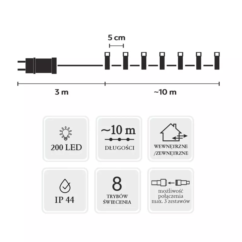 Extralink LED girlanda świetlna 200 LED zimna biel 10m + 3m IP44 wewnątrz/na zewnątrz