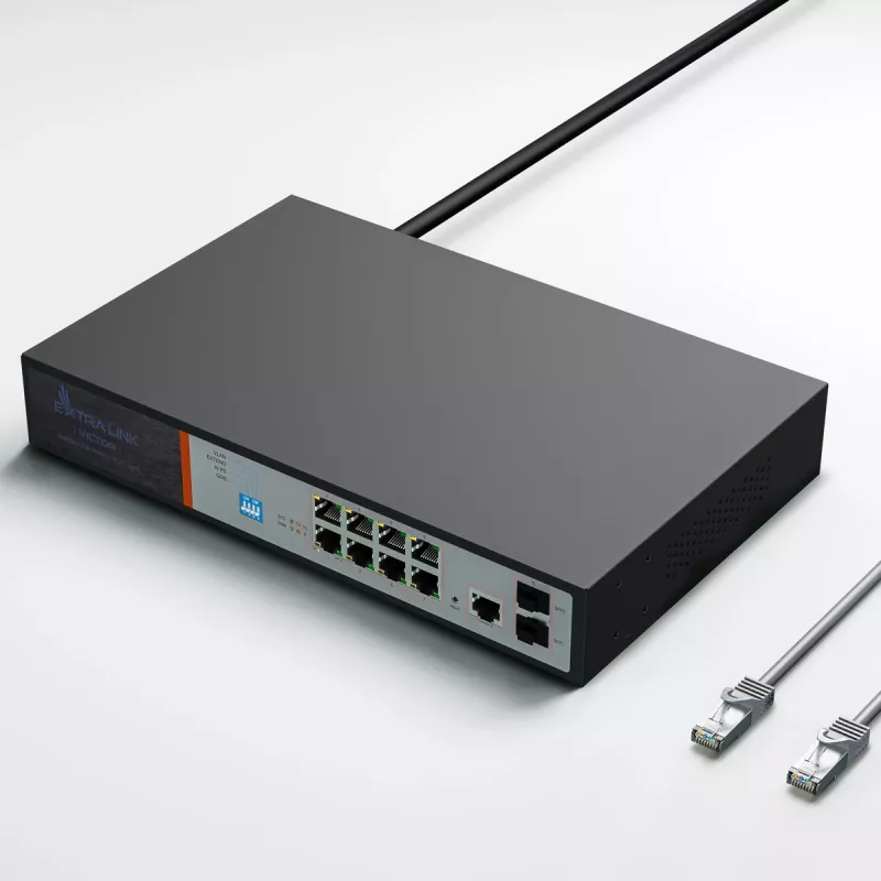 Extralink VICTOR 8-portowy zarządzalny switch Gigabit PoE+ z 2 portami SFP, budżet 150W, L2+
