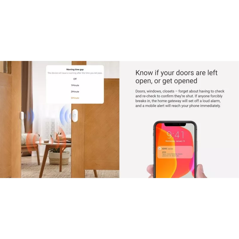 EZVIZ CS-B1 Zestaw Czujników Domowych – Bramka Zigbee 3.0, Czujnik Ruchu PIR i Czujnik Kontaktowy, Wi-Fi, Syrena 90 dB, Biały