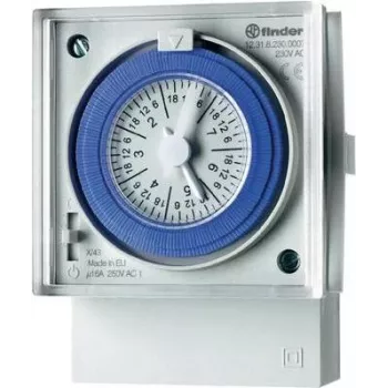 Finder 12.31.8.230.0007 Mechaniczny przełącznik czasowy, montaż na panelu przednim, 230 V AC, 1 styk przełączny, 16 A, program dzienny, 48 segmentów, 100 h rezerwy podtrzymania