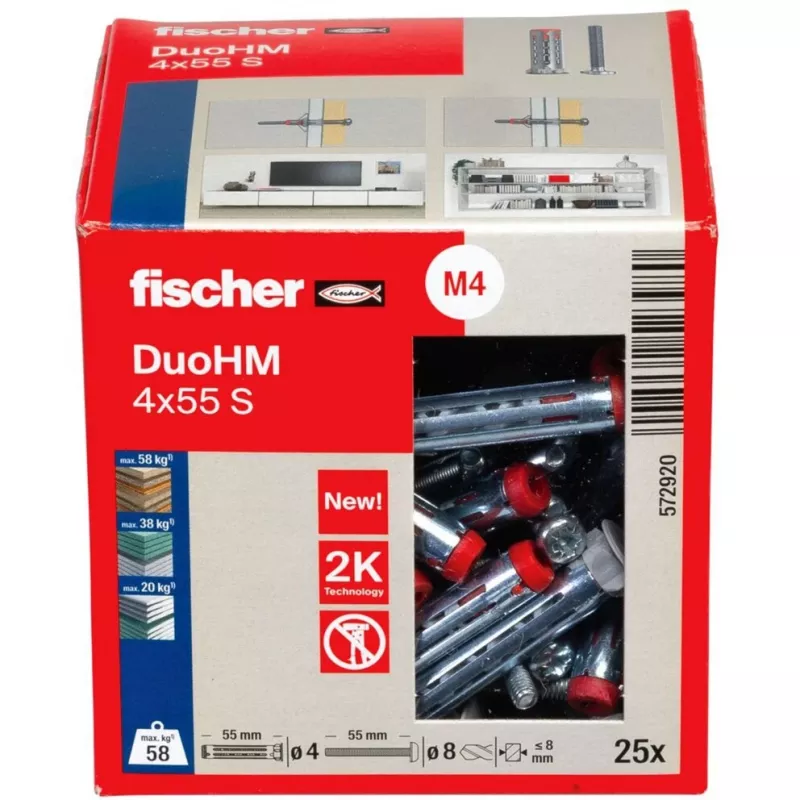 Kołek do ścian pustych fischer DuoHM 4x55 S PH PZ 55 mm, 25 sztuk 572920