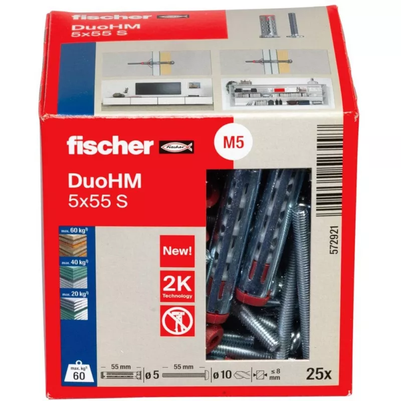 Kołek do ścian pustych fischer DuoHM 5x55 S PH PZ 55 mm, 25 sztuk 572921