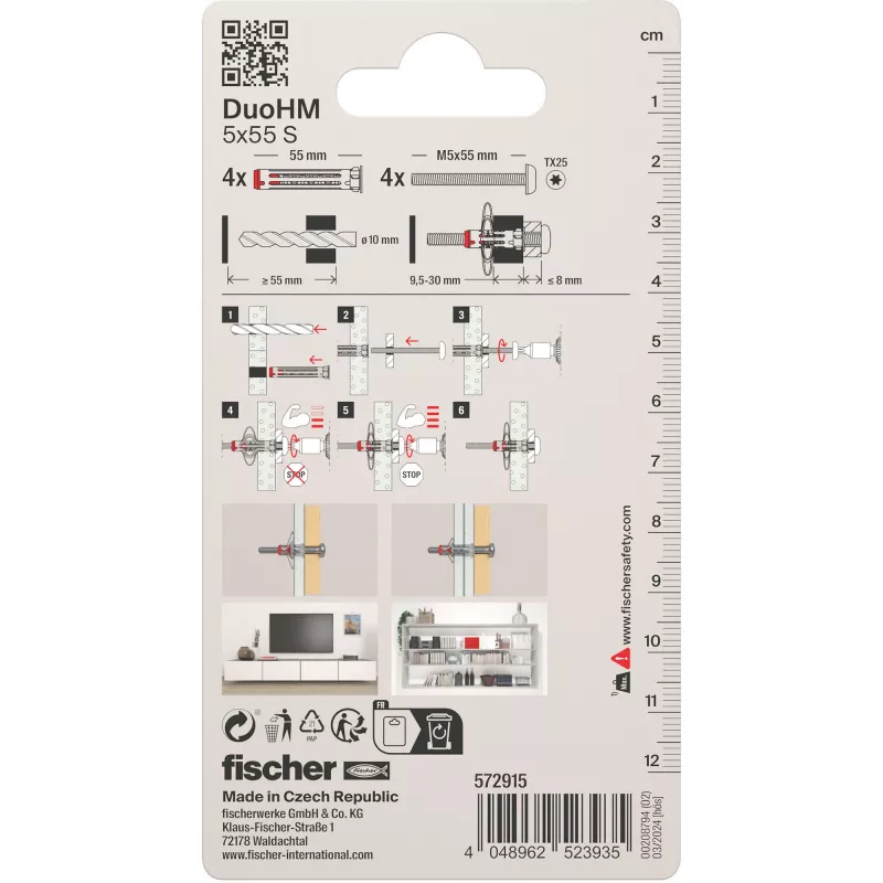 Fischer DuoHM 5x55 S PH TX Zestaw kołków do ścian pustych, 4 sztuki 572915