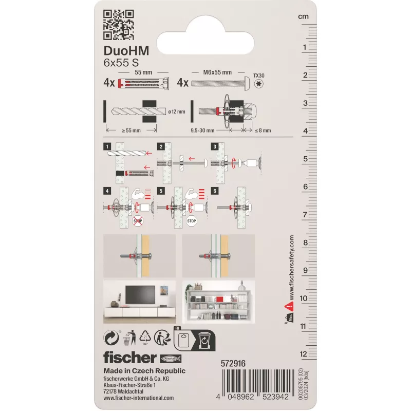 Kołek do ścian pustych Fischer DuoHM 6x55 S PH TX 55 mm 4 sztuki 572916