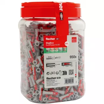 Kołek uniwersalny fischer DUOPOWER 6x30 BigBox, jasnoszary/czerwony, 950 sztuk, pudełko wielokrotnego zamykania 570548