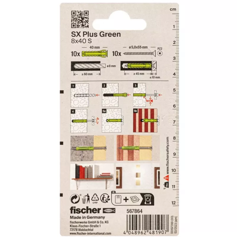Fischer DUOPOWER Zestaw wkrętów i kołków 100 sztuk - 6x30/8x40/10x50 mm - PZ2 - Zielony