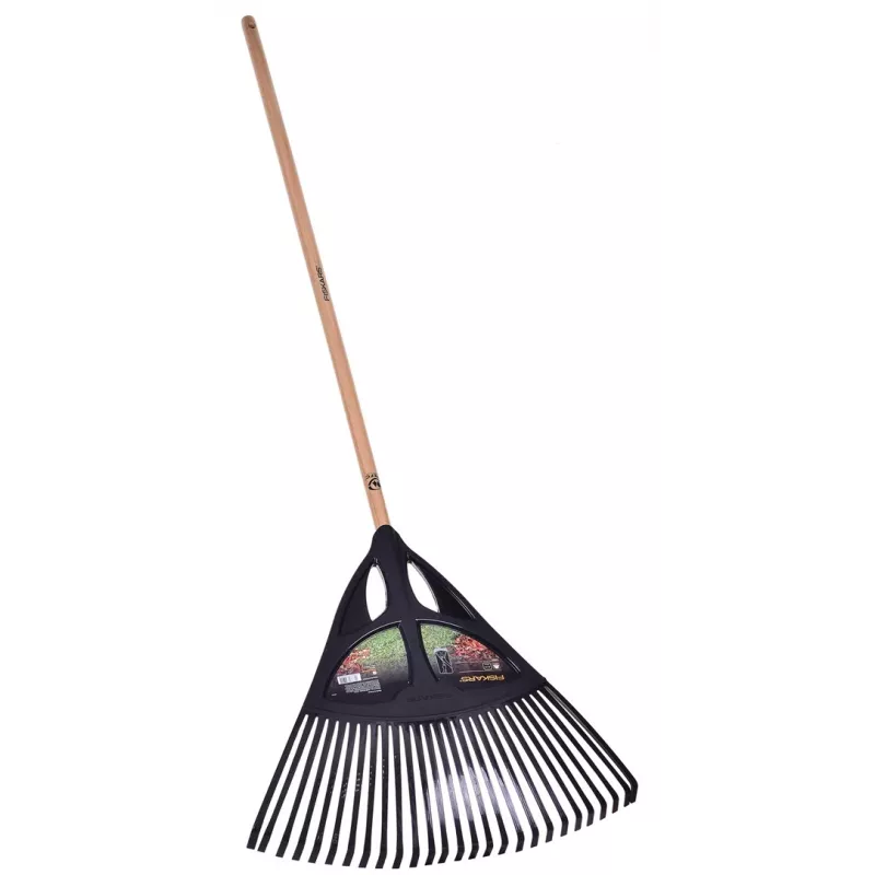 Fiskars Solid Grabie do liści, 52 cm szeroka głowica polipropylenowa, 175 cm aluminiowy trzonek, 25 elastycznych zębów, czarno-pomarańczowe