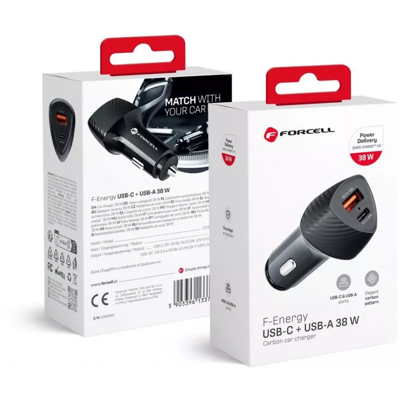 Forcell Carbon CC50-1A1C 38W Ładowarka samochodowa USB-C PD 3.0 + USB-A QC 3.0 Czarna