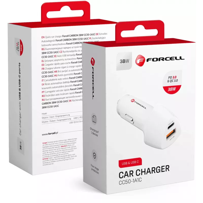 Forcell Carbon CC50-1A1C 38W USB-C PD + USB-A QC 3.0 Ładowarka samochodowa - Biały
