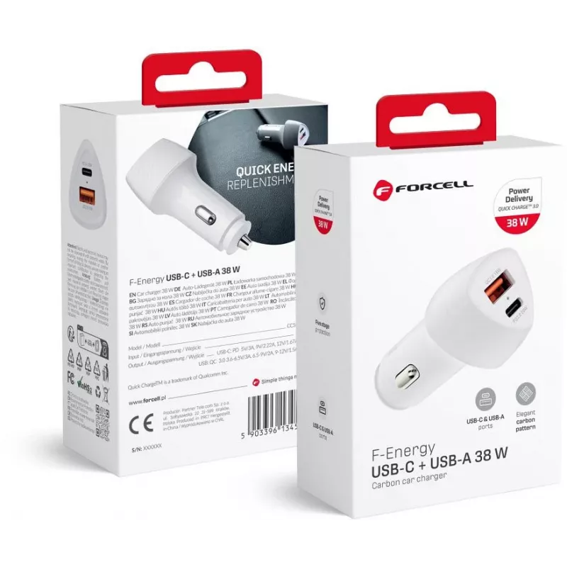 Forcell Carbon CC50-1A1C 38W USB-C PD + USB-A QC 3.0 Ładowarka samochodowa - Biały