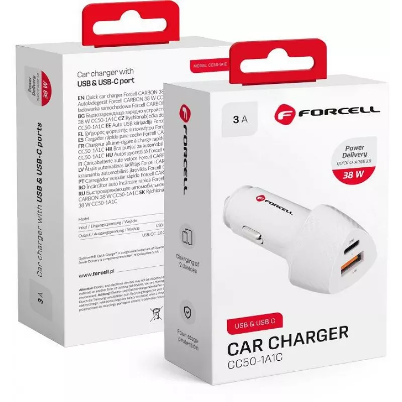Forcell Carbon CC50-1A1C 38W USB-C PD + USB-A QC 3.0 Ładowarka samochodowa - Biały