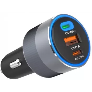 Forcell F-Energy 65 Ładowarka samochodowa 65 W, 2x USB-C (PD 3.0) i 1x USB-A (QC 4.0), szara