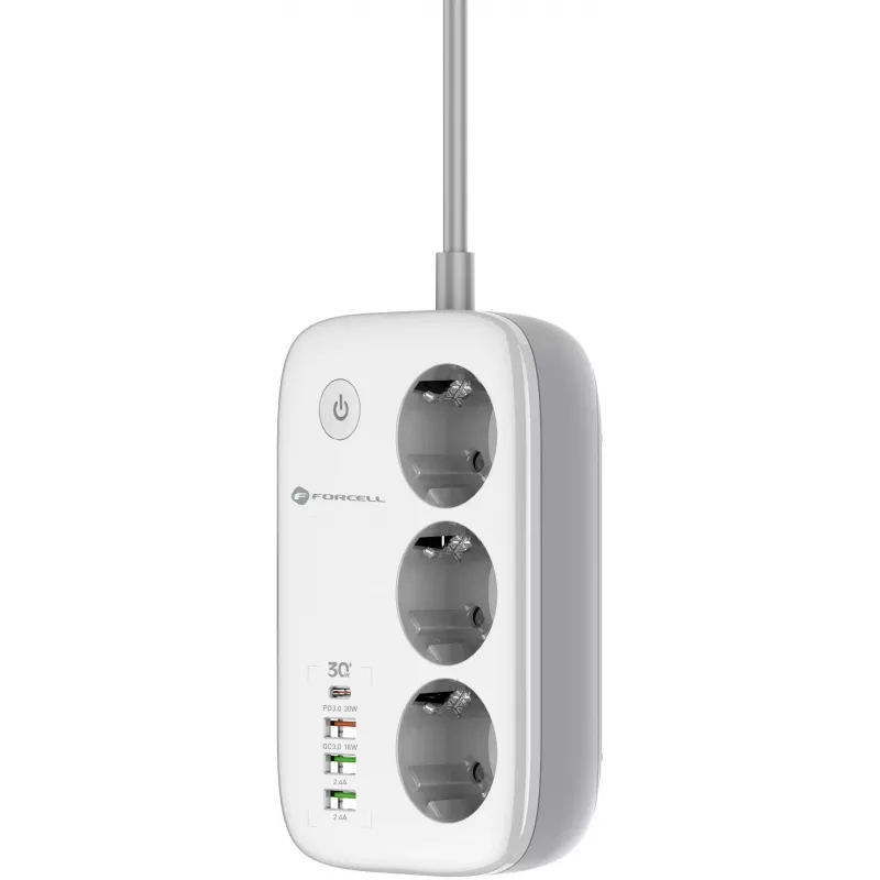 Forcell F-Energy VT-PS03 Listwa zasilająca Smart, 3x gniazda Schuko, USB-C PD 30W, 3x USB-A QC 3.0, Wi-Fi, sterowanie aplikacją Tuya, 2500W/10A