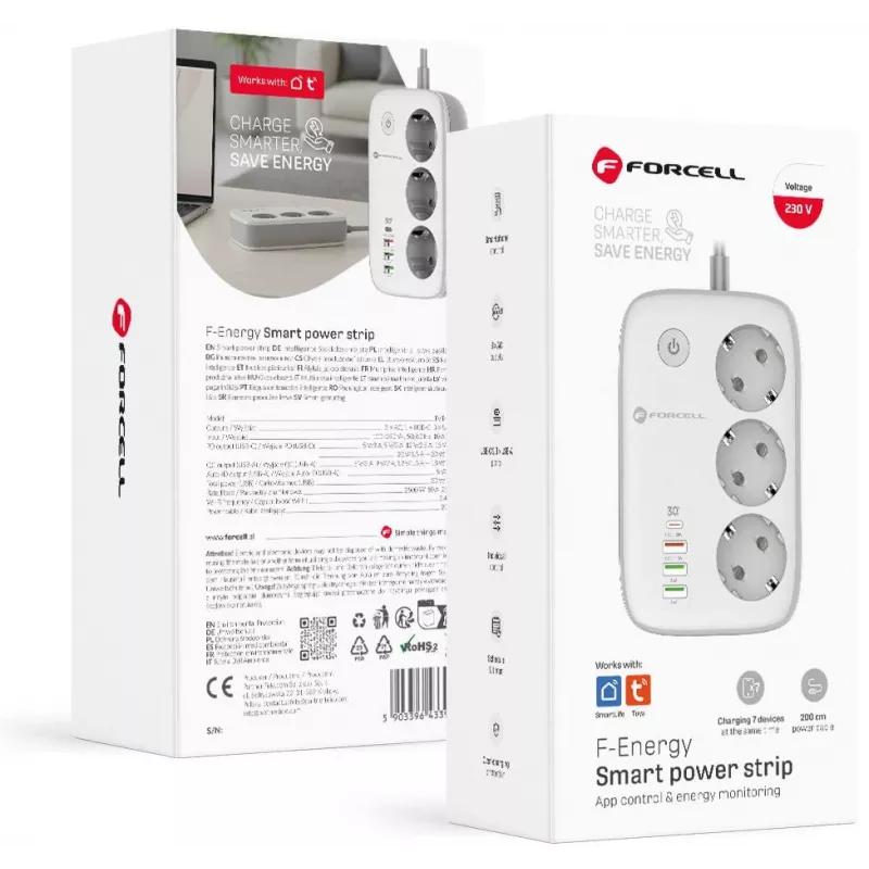 Forcell F-Energy VT-PS03 Listwa zasilająca Smart, 3x gniazda Schuko, USB-C PD 30W, 3x USB-A QC 3.0, Wi-Fi, sterowanie aplikacją Tuya, 2500W/10A