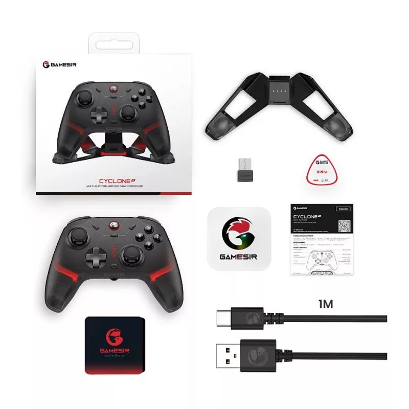 GameSir Cyclone 2 Tri-Mode Bezprzewodowy Kontroler Gamingowy z Gałkami i Triggerami Hall Effect, Podświetleniem RGB, Programowalnymi Przyciskami Tyłu, 6-Osiowym Żyroskopem, Baterią 20h - Czarny