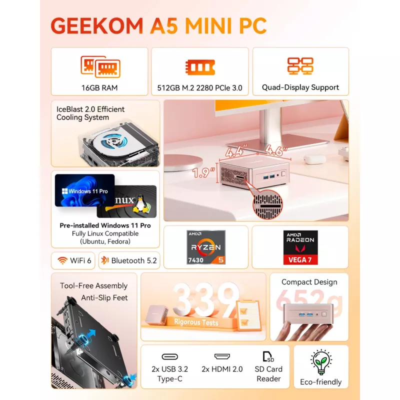 GEEKOM A5 Mini PC, AMD Ryzen 7 5800H, 32GB DDR4, 512GB SSD, Windows 11 Pro, Champagne
