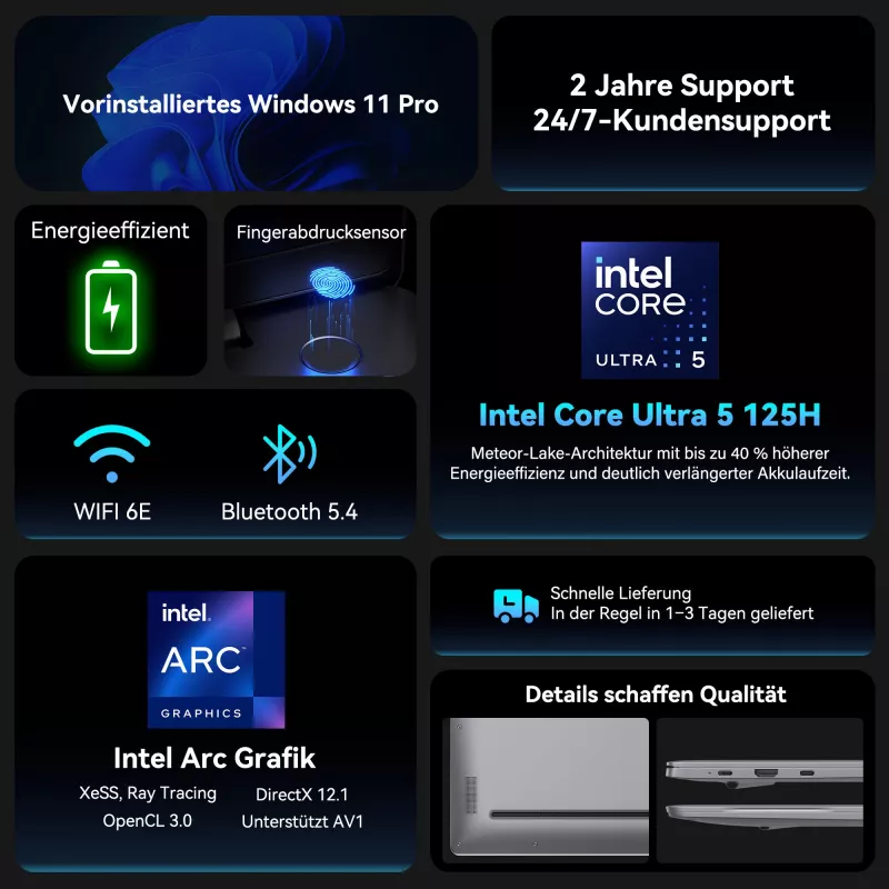 GEEKOM GEEKBOOK X16 PRO (Srebrny, Intel Core Ultra 5 125H, Intel Arc Graphics, 32 GB LPDDR5, 1 TB SSD, Windows 11 Pro)