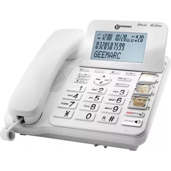 Geemarc CL595 Telefon stacjonarny dla seniorów z automatyczną sekretarką, głośnomówiący, wizualny wskaźnik połączenia, kompatybilny z aparatami słuchowymi, awaryjny wisiorek, biały