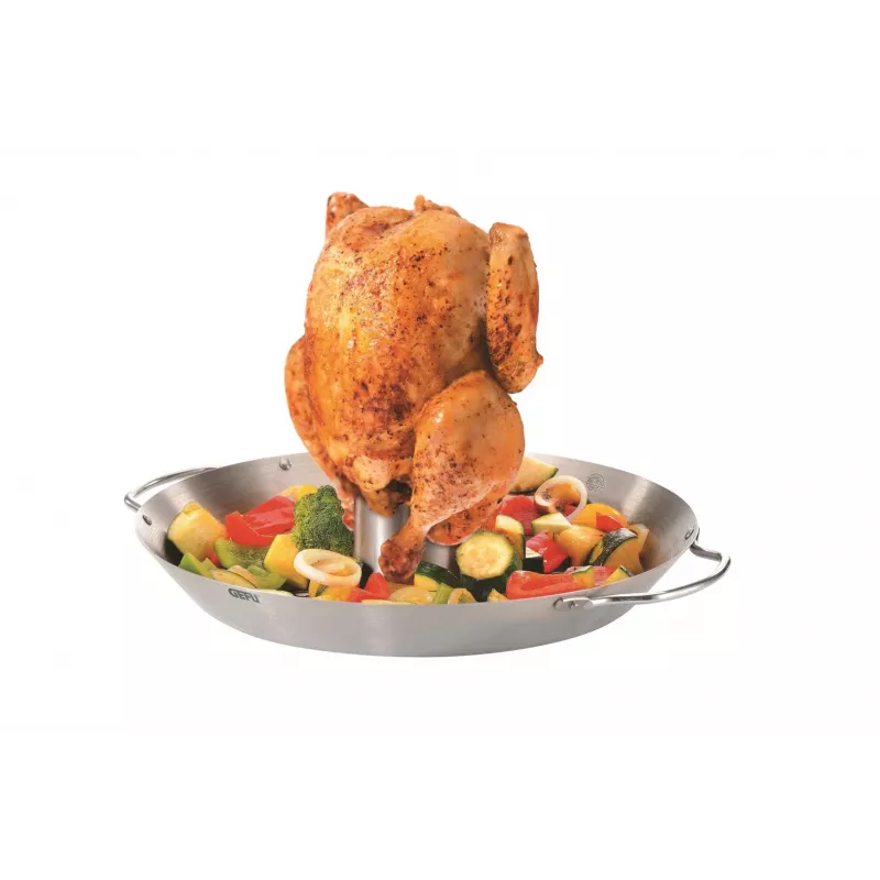 GEFU 89156 Stalowy piekarnik do kurczaka z pojemnikiem na aromat, podstawa 18 cm, srebrny