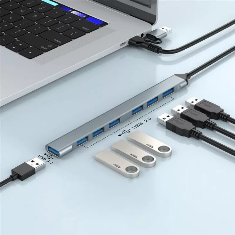 Gembird 7-Port USB 3.2 Gen 2 Hub - 6x USB-A 2.0 + 1x USB-A 3.2, Srebrny