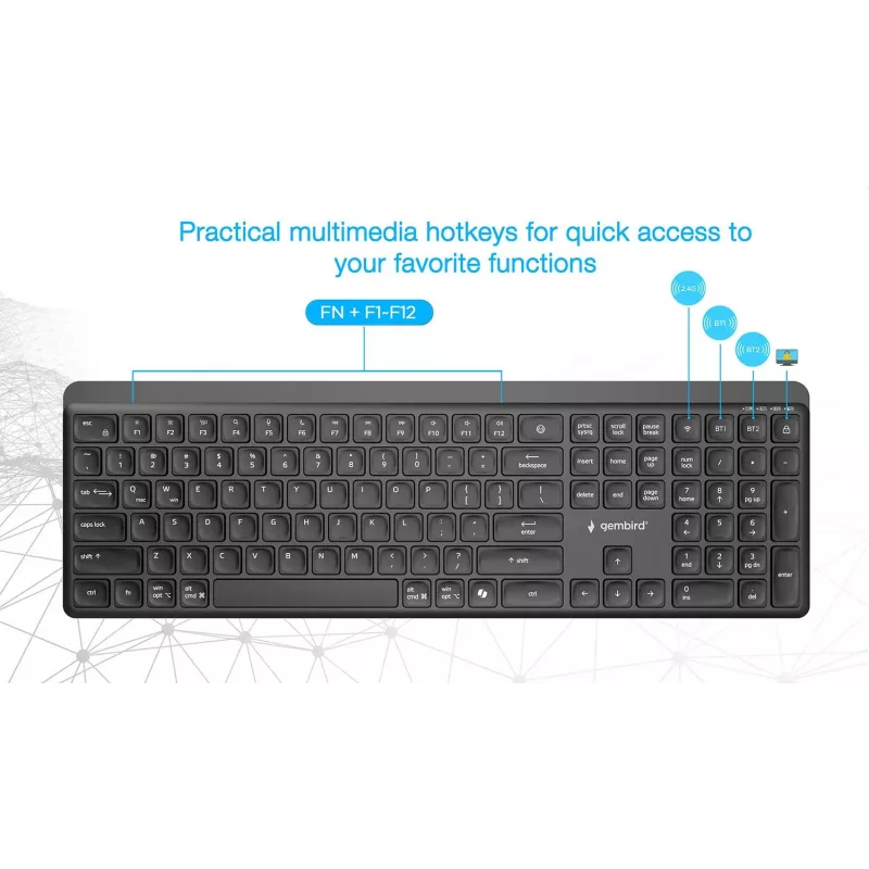 Gembird KB-WPS-03 Dwutrybowa Slim Klawiatura Bezprzewodowa Pro-Business, 2.4G + Bluetooth, Układ US, Czarna