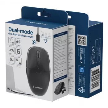 Gembird MUSW2-6B-01 dwutrybowa mysz bezprzewodowa, 2.4 GHz + Bluetooth 5.0, 1600 DPI, 6 przycisków, czarna