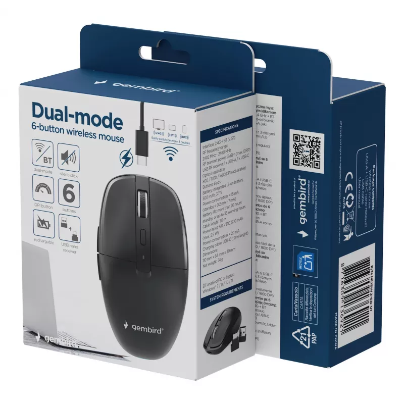 Gembird MUSW2-6B-01 dwutrybowa mysz bezprzewodowa, 2.4 GHz + Bluetooth 5.0, 1600 DPI, 6 przycisków, czarna