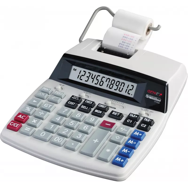 GENIE D69 PLUS Desktop Printing Calculator with Ink Roller, 12-Digit LCD, 2-Color Print, AC/Battery