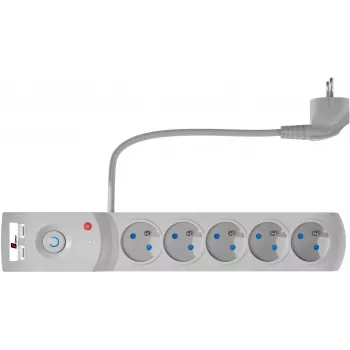 Listwa zasilająca z ochronnikiem przepięciowym GETFORT, 5 gniazd, 2 porty USB, kabel 5m, szara