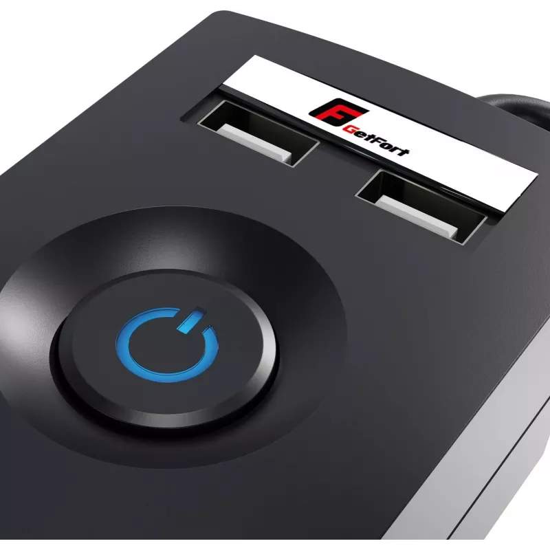 Listwa zasilająca z ochroną przeciwprzepięciową GETFORT 5P-3M-B-USB, 5 gniazd AC, 2 porty USB-A, kabel 3m, czarna