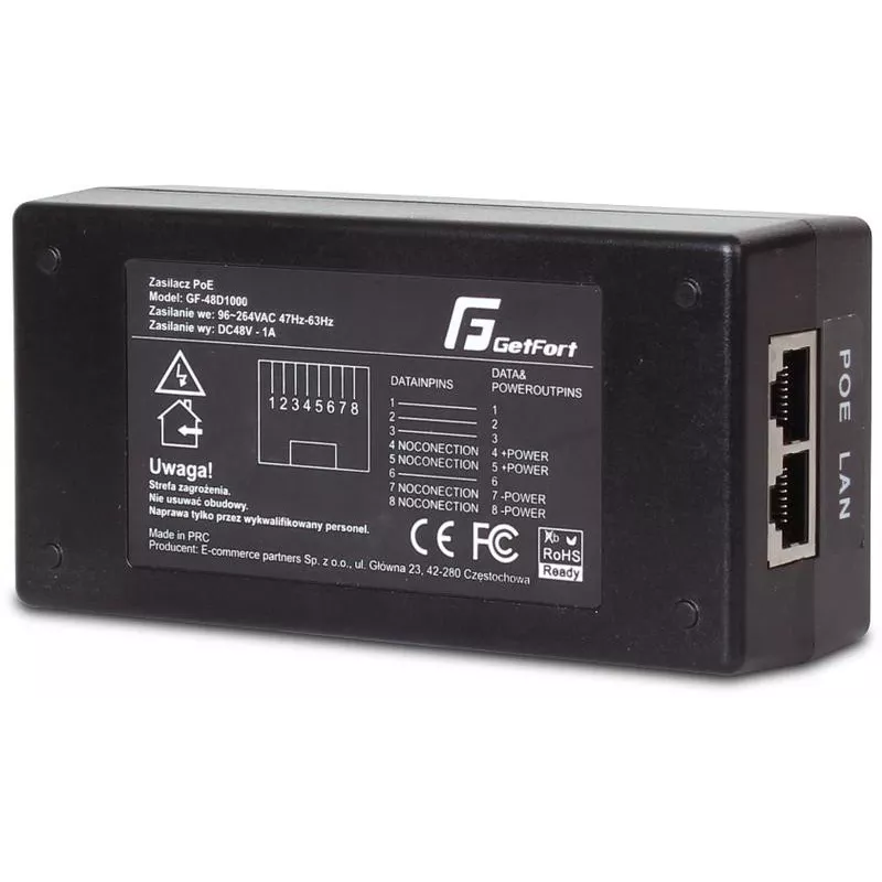 GETFORT GF-48D1000 48W Pasywny wtryskiwacz PoE, 100-240V AC na 48V DC, 10/100 Mbps, 2x RJ45, zgodny z IEEE 802.3af/at