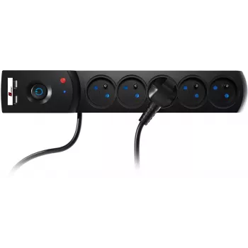 GETFORT Listwa zasilająca z ochroną przeciwprzepięciową 5P-1.5M-B-USB, 5 gniazd, 2 USB, 1.5m, czarna