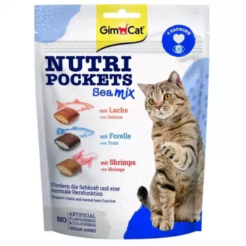 GimCat Nutri Pockets Sea Mix Przysmaki dla kota – Chrupiące poduszeczki z nadzieniem z łososia, dorsza i pstrąga, 150 g