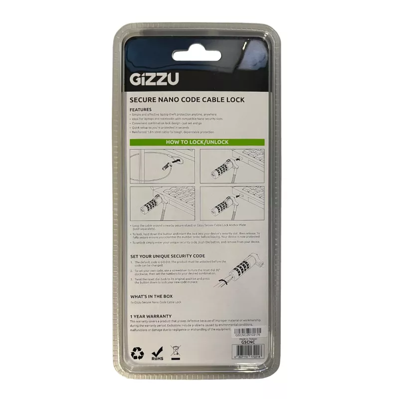 GIZZU 1,8 m Nano Linka zabezpieczająca z zamkiem szyfrowym - 4-cyfrowy, przestawialny, pleciona stal, do urządzeń ze slotem Kensington Nano (czarny/srebrny)