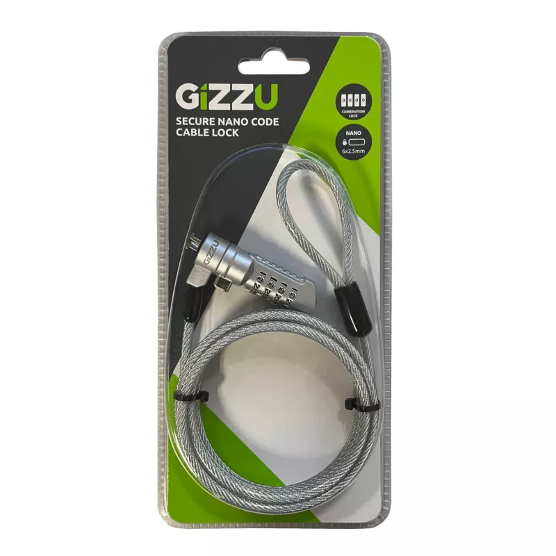 GIZZU 1,8 m Nano Linka zabezpieczająca z zamkiem szyfrowym - 4-cyfrowy, przestawialny, pleciona stal, do urządzeń ze slotem Kensington Nano (czarny/srebrny)