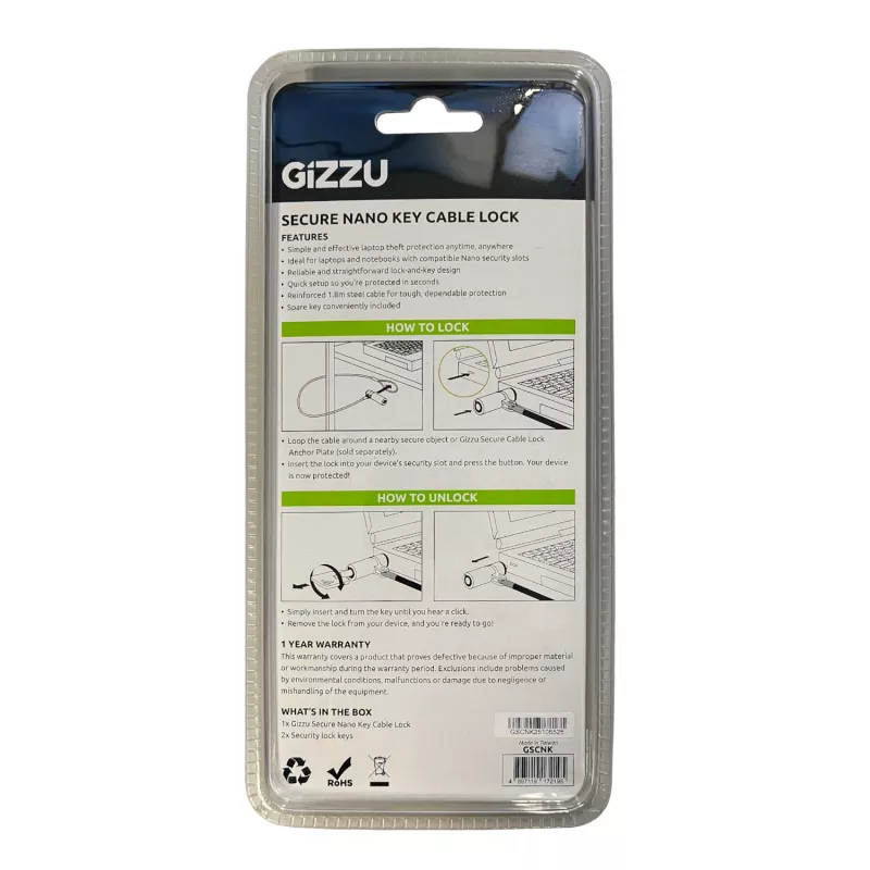 GIZZU 1.8m Nano Key Lock Linka zabezpieczająca z kluczem - czarna
