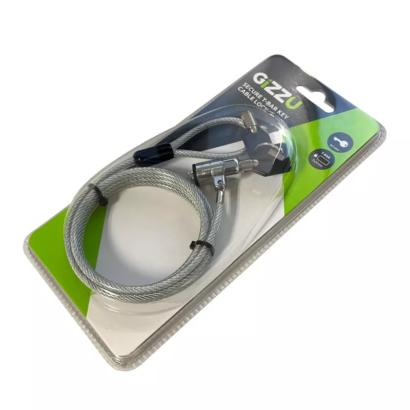 GIZZU 1,8 m T-Bar Linka Zabezpieczająca do Laptopa z Kluczem Master Key - Zabezpieczenie na Slot Kensington, Stal Pleciona, Czarny