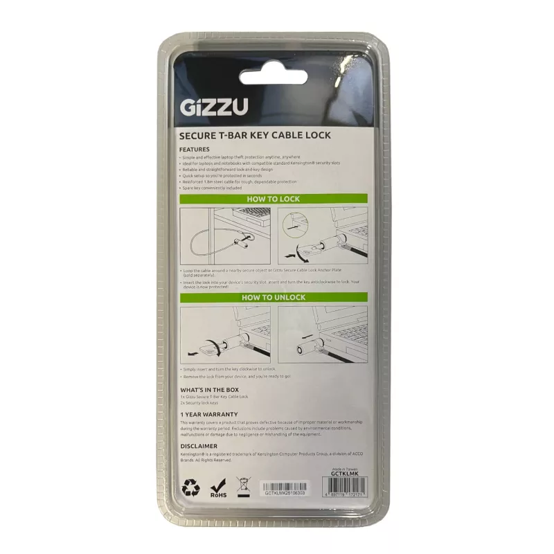 GIZZU 1,8 m T-Bar Linka Zabezpieczająca do Laptopa z Kluczem Master Key - Zabezpieczenie na Slot Kensington, Stal Pleciona, Czarny