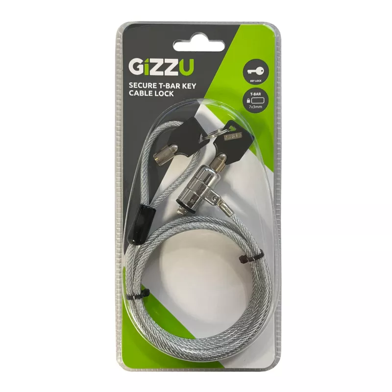 GIZZU 1,8 m T-Bar Linka Zabezpieczająca do Laptopa z Kluczem Master Key - Zabezpieczenie na Slot Kensington, Stal Pleciona, Czarny