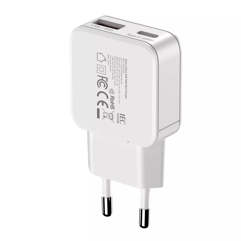 Gizzu 2-Port 20W GaN Ładowarka ścienna USB-C PD 3.0 + USB-A QC 3.0 Szybkie ładowanie Adapter - Biały