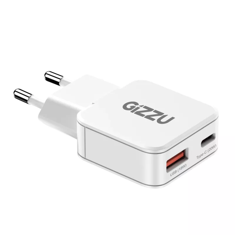 Gizzu 2-Port 20W GaN Ładowarka ścienna USB-C PD 3.0 + USB-A QC 3.0 Szybkie ładowanie Adapter - Biały